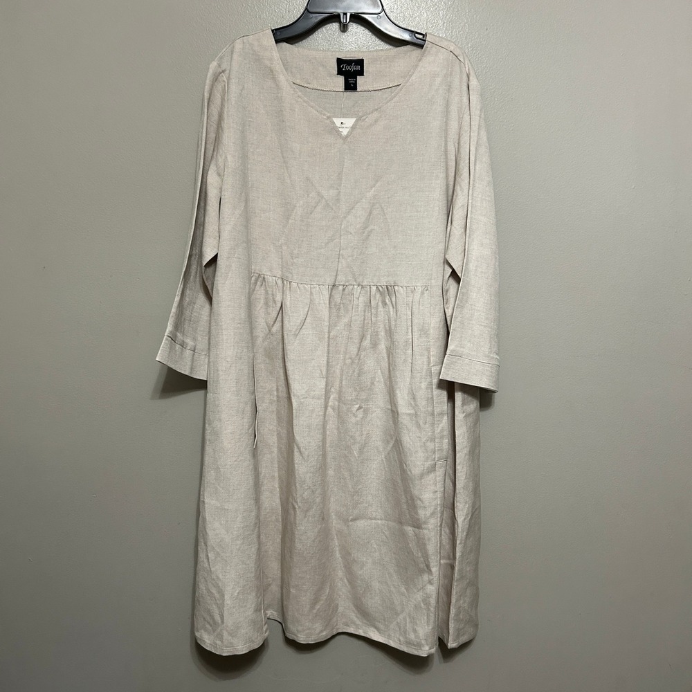 Toofan Linen Midi Dress Women L Khaki NWT 3/4 Sleeve Empire Waist Laganlook Chic